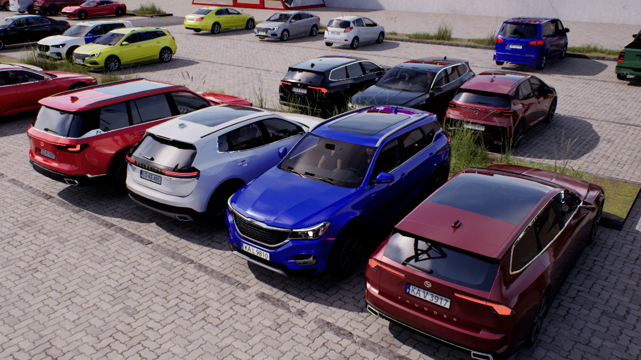 Rendering of a parking lot showing various car models.
