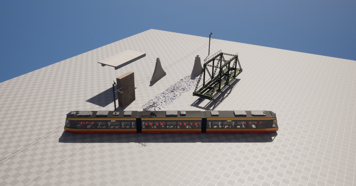 Rendering of various 3D-Assets of railroad parts, such as a tram or track bet.