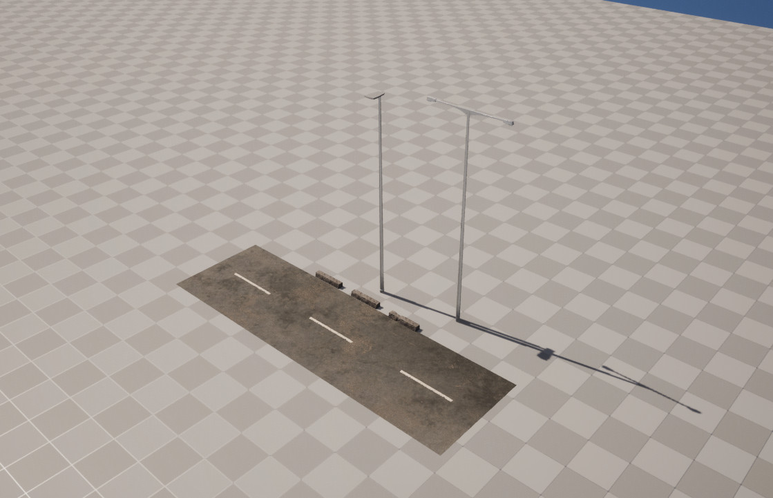 Rendering of various 3D-Assets of road parts, such as light posts or road surface.