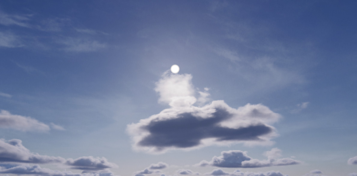 Rendering of a cloudy sky with a visible sun.