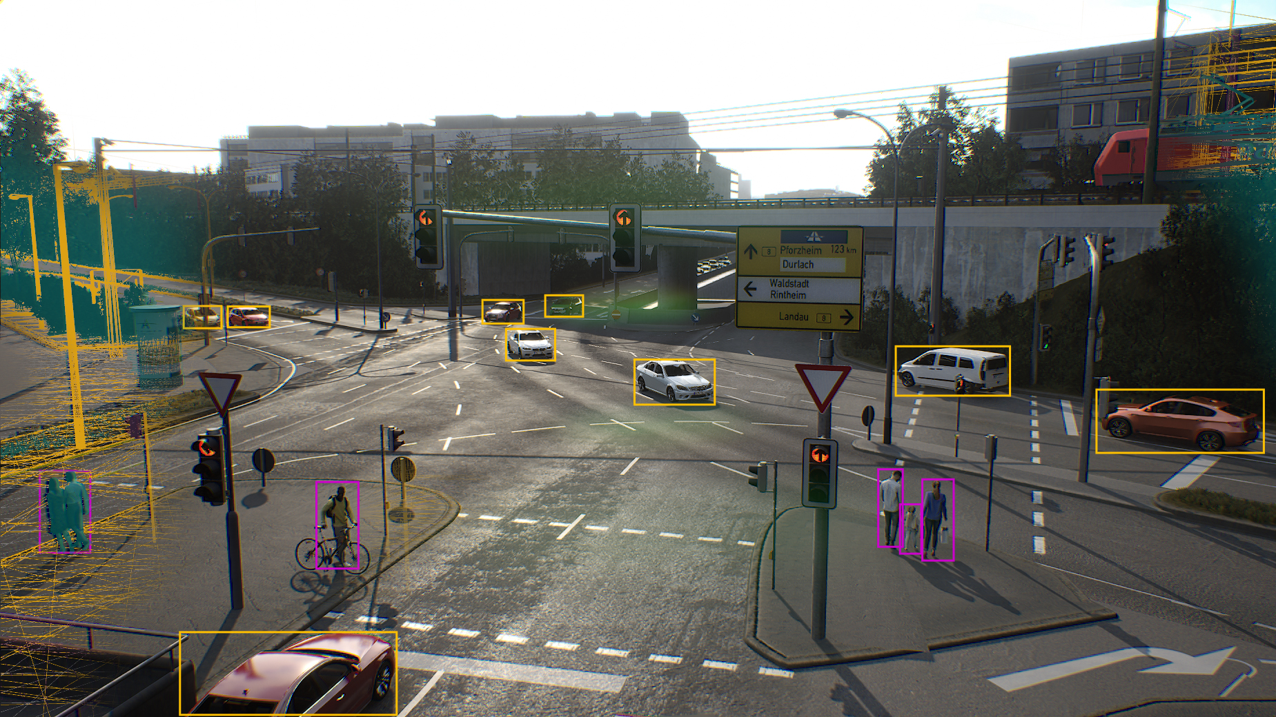 Virtual TAF-BW rendering, showing a busy traffic intersection where traffic objects are labelled with bounding boxes.