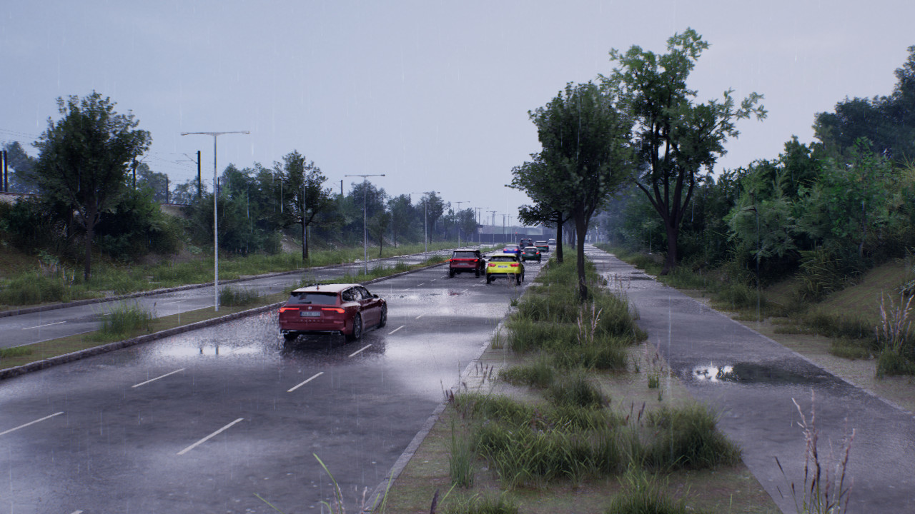 Virtual TAF-BW rendering, showing a road with traffic during rain.