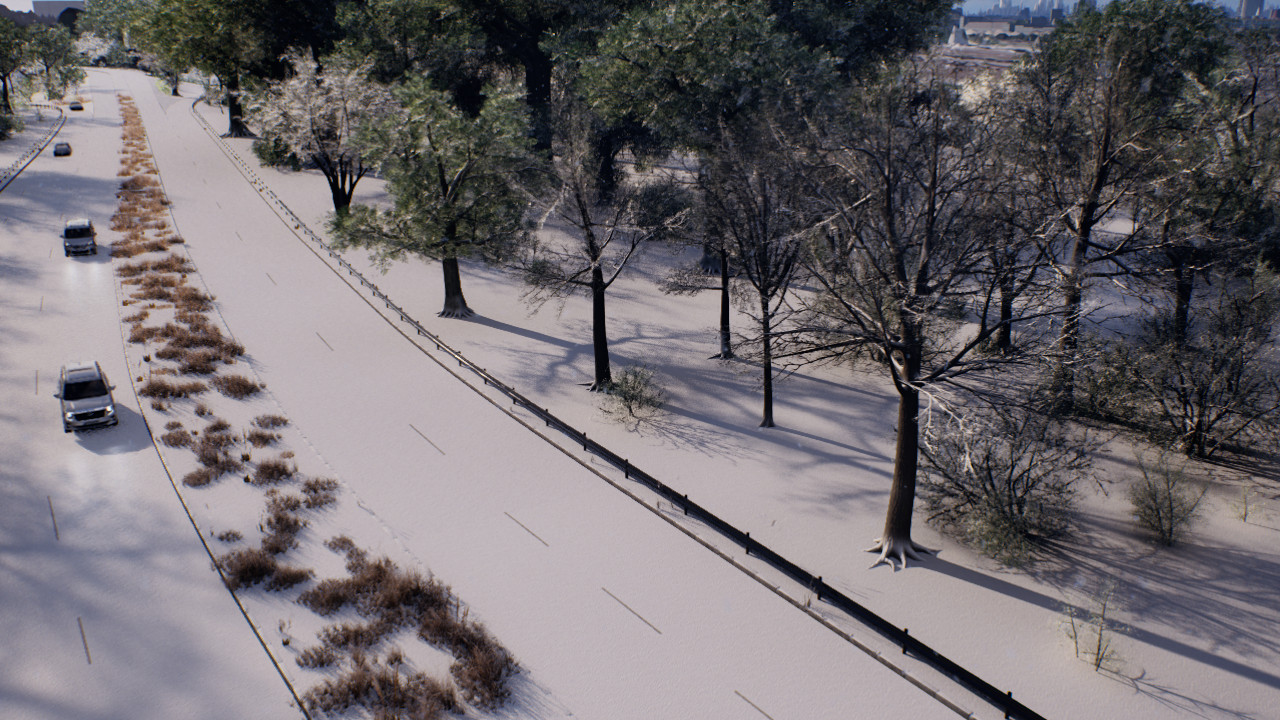 Virtual TAF-BW rendering, showing a road from above covered in snow.