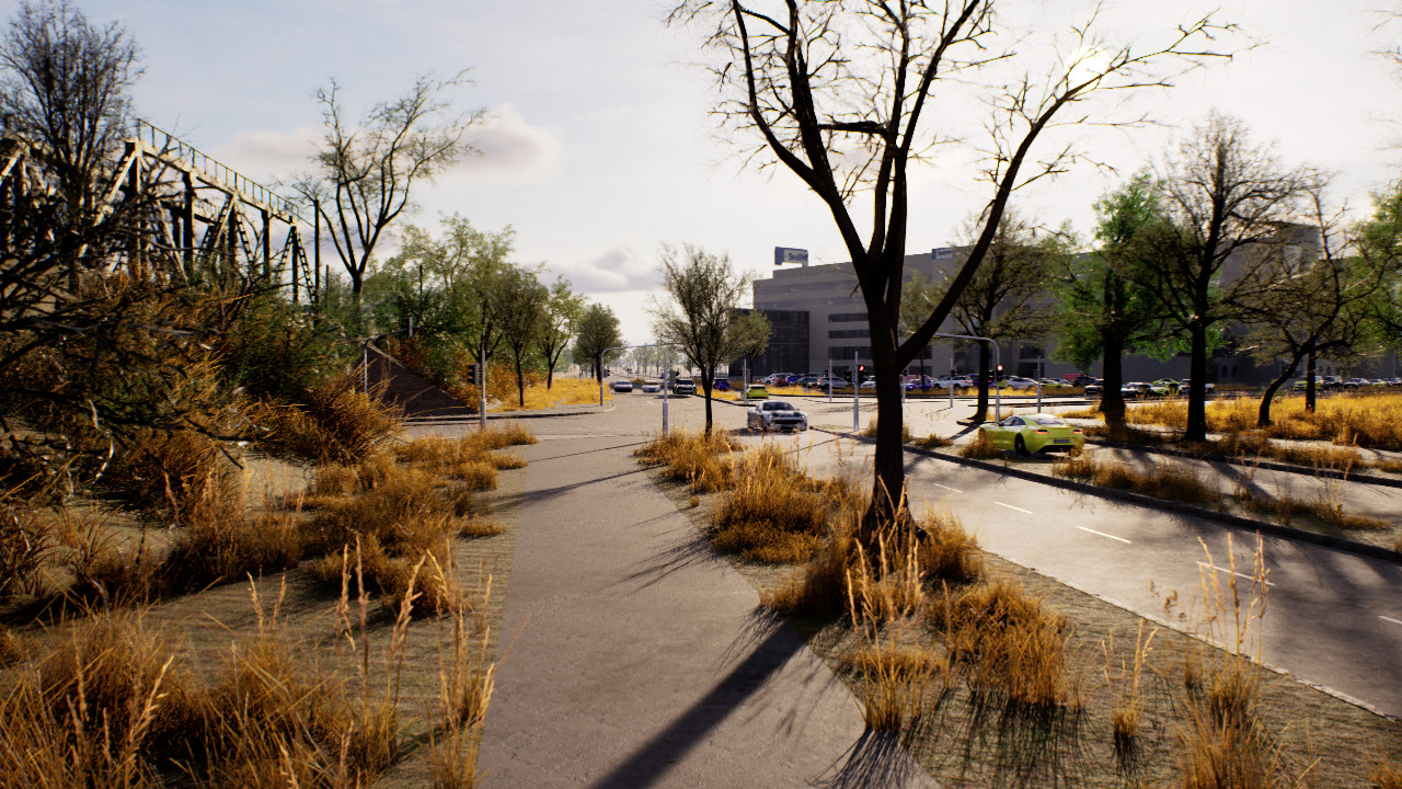 Virtual TAF-BW rendering, showing an intersection during sunset.